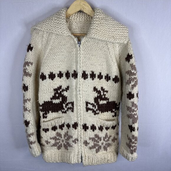 Cowichan-Style Hand Knit Wool Zip Sweater Men’s Small Reindeer Snowflake - Picture 1 of 5